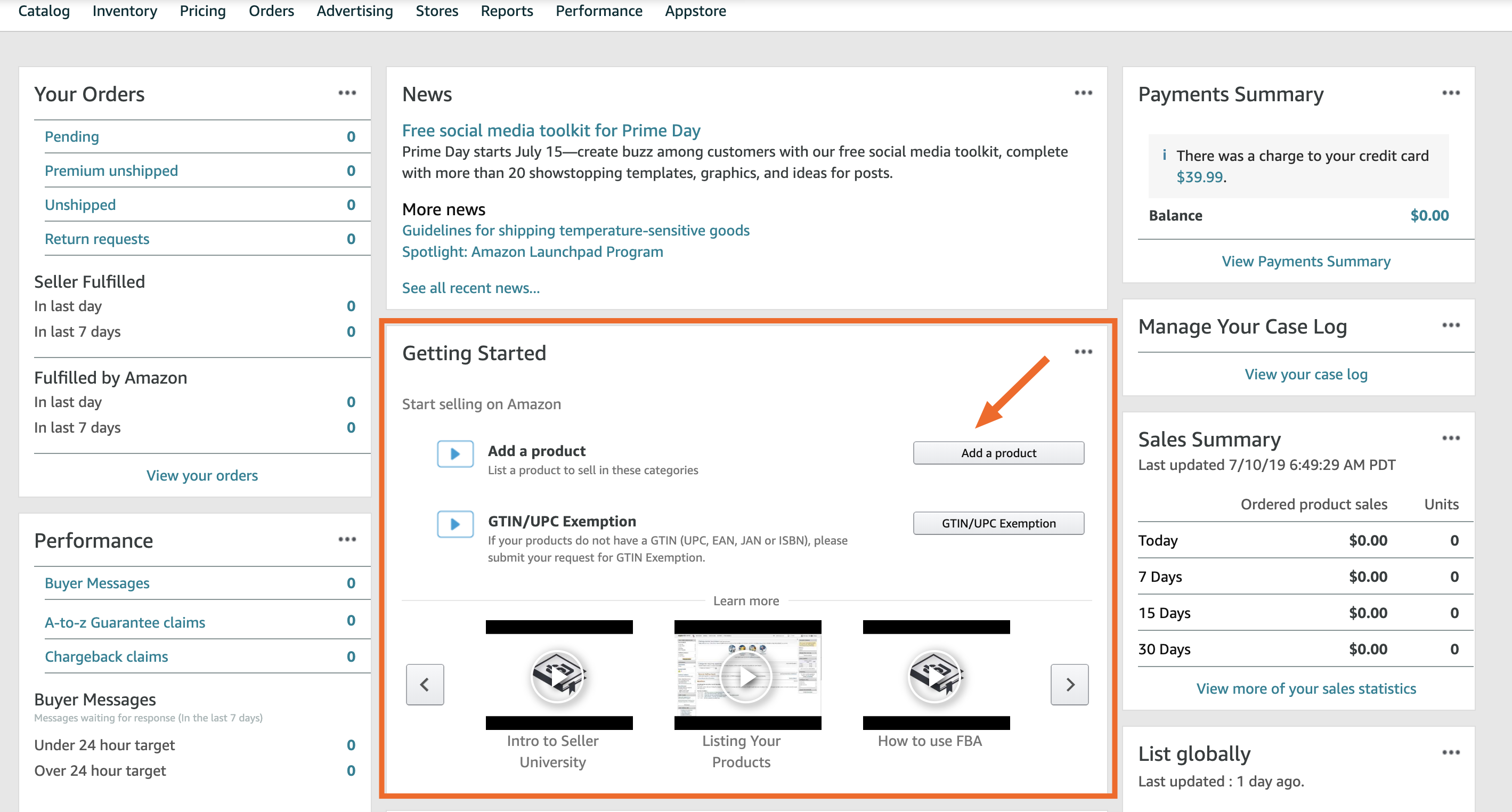 Add a product button on the Amazon Seller Central dashboard