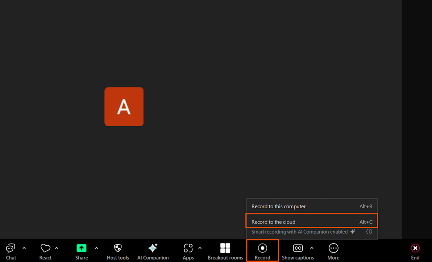 Screenshot of record to the cloud option in Zoom 