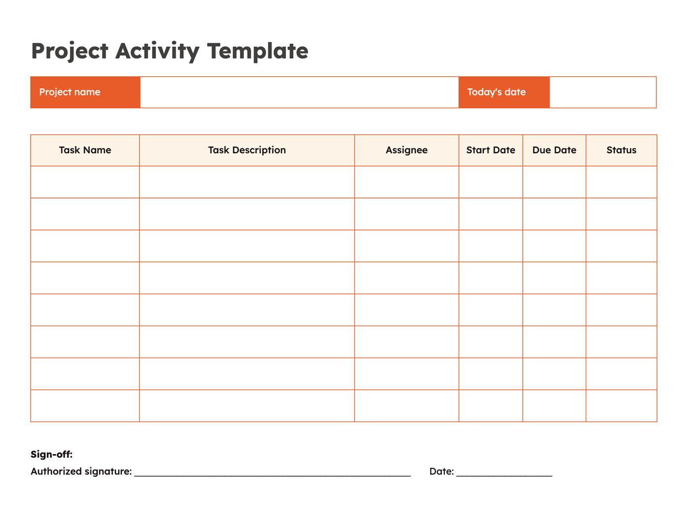 Screenshot of a project activity template