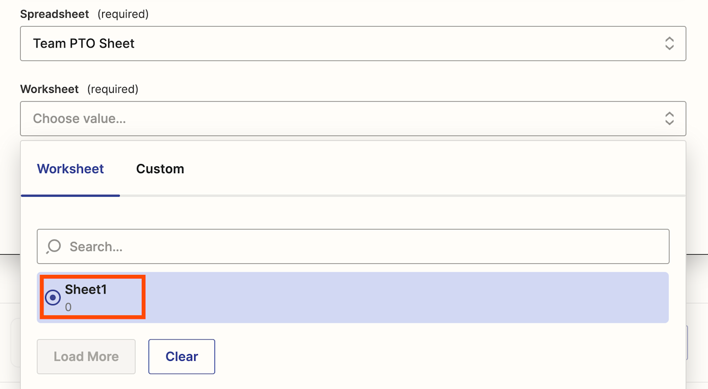 Alt text: A screenshot of the Google Sheets step in the Zap editor. The dropdown menu under the Worksheet field only shows one sheet. 