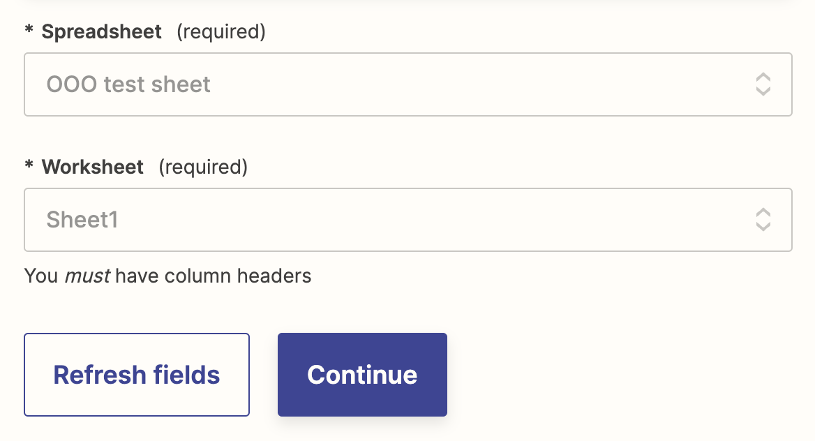 Alt text: A screenshot of the Google Sheets step in the Zap editor. The dropdown menu under the Worksheet field only shows one sheet. 