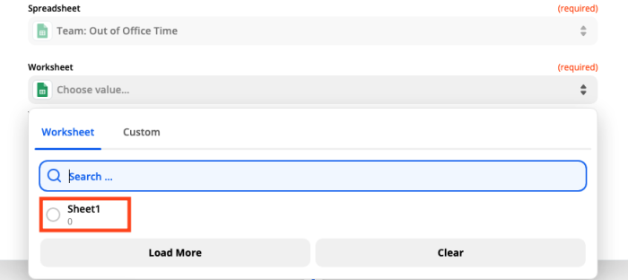 Texto alternativo: una captura de pantalla del paso de Google Sheets en el editor Zap. El menú desplegable debajo del campo Hoja de trabajo muestra solo una hoja. 
