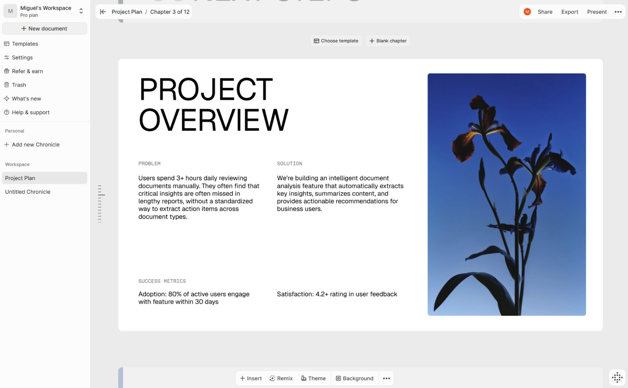 Chronicle, our pick for the best AI presentation maker for clean design and widget-based editing