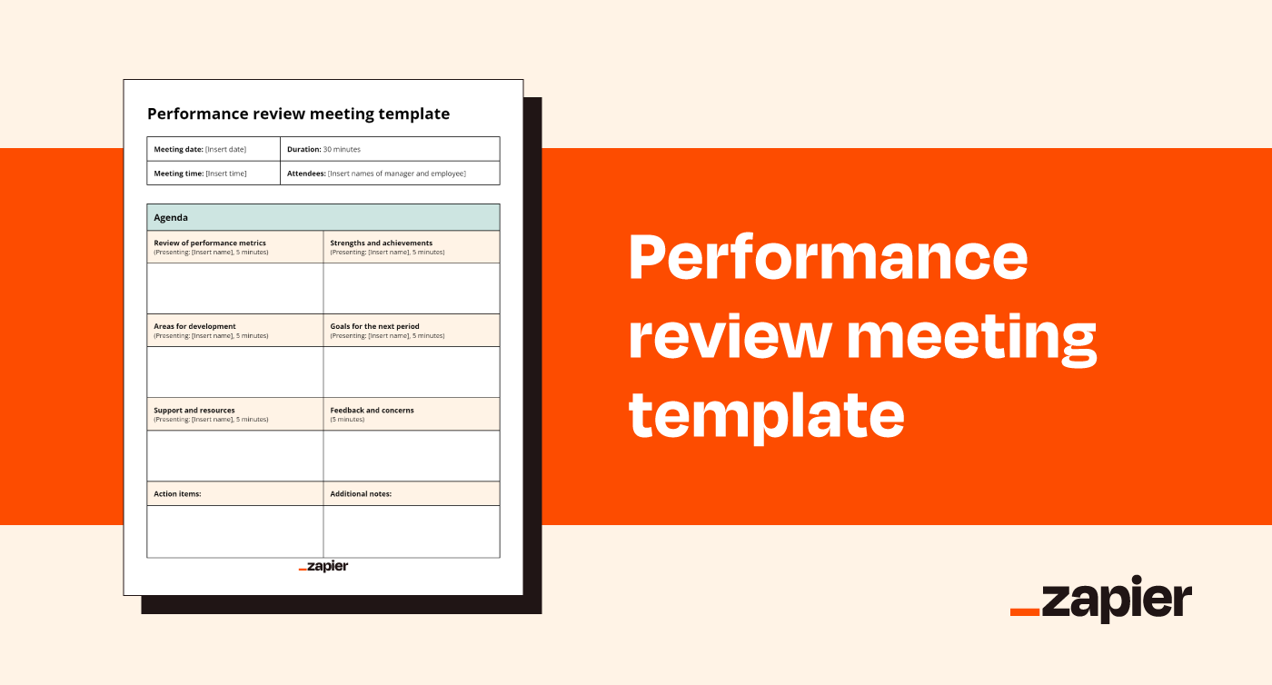 Screenshot of Zapier's performance review meeting template on an orange background
