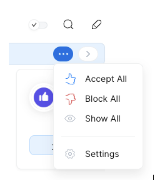 Spark email gatekeeper dropdown with options to accept, block, or show all emails. 