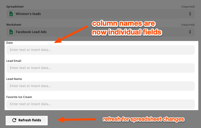 Setting up the Google Sheets action in the Zap editor. A red arrow points to empty fields created from the column names in a Google Sheet.