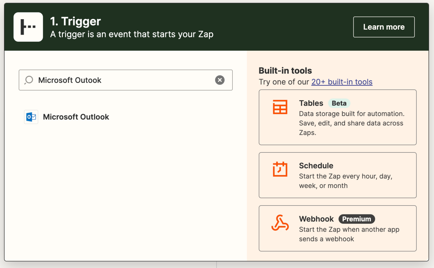 Screenshot of Outlook trigger in Zap editor