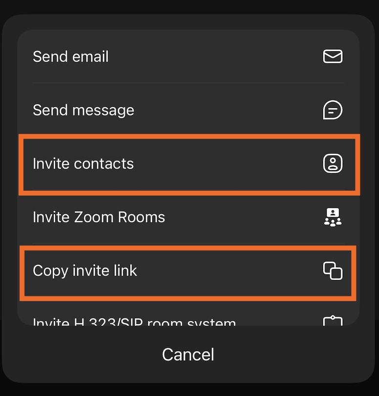 Zoom meeting control bar in the mobile app with the options to invite contacts and copy invite link highlighted.