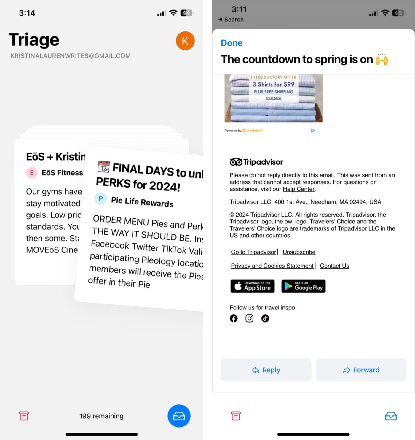 A screenshot of Triage, our pick for the best iPhone email app for quick and easy inbox maintenance