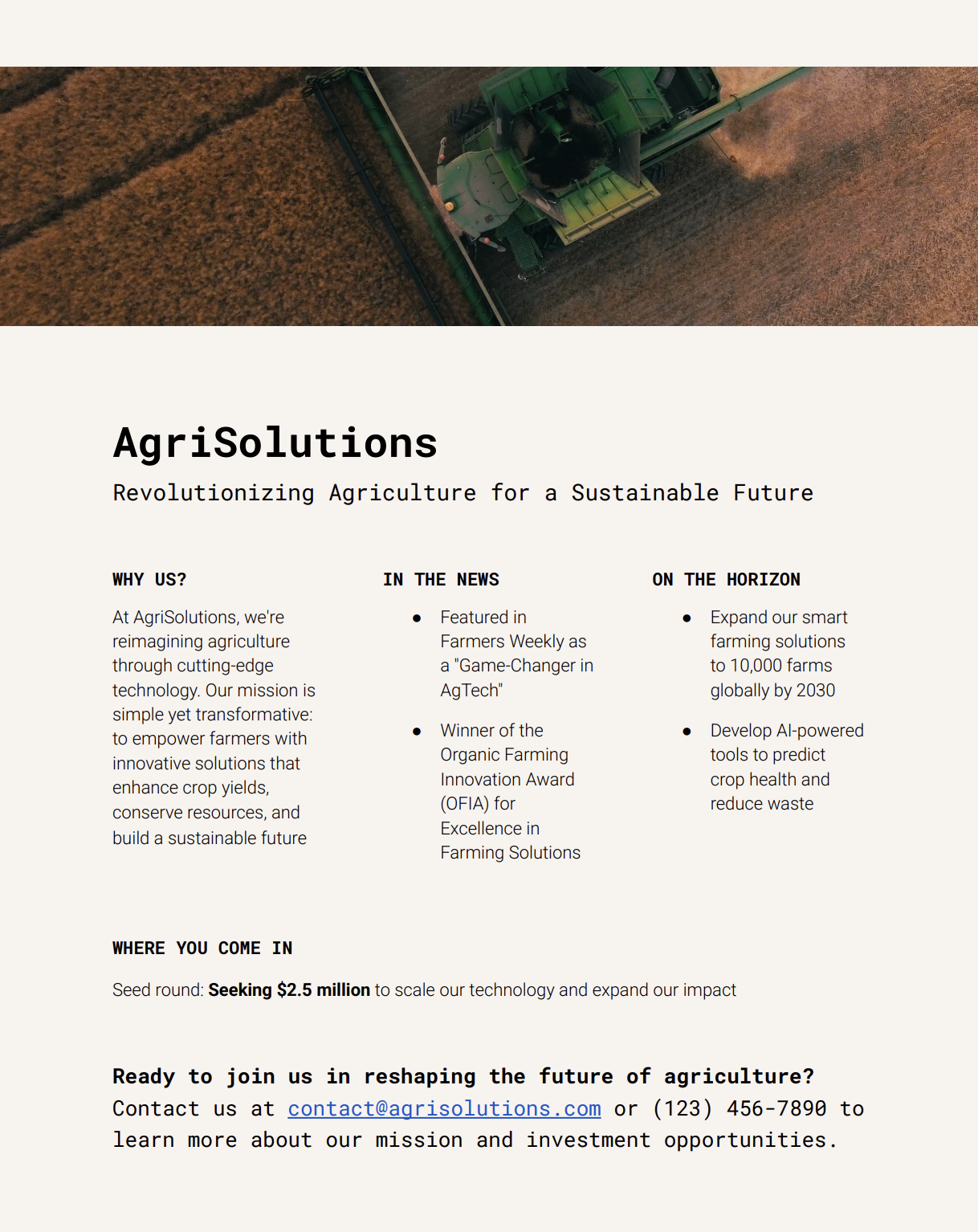 Example of a startup one-pager including the company's pitch, social proof and investment stage