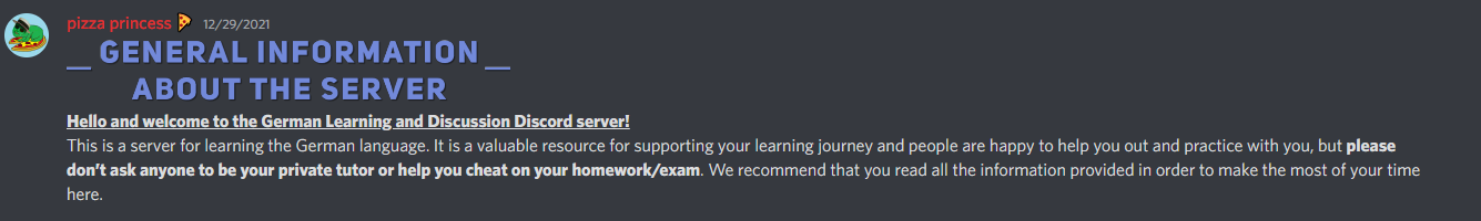 Discord server summary example for German learning