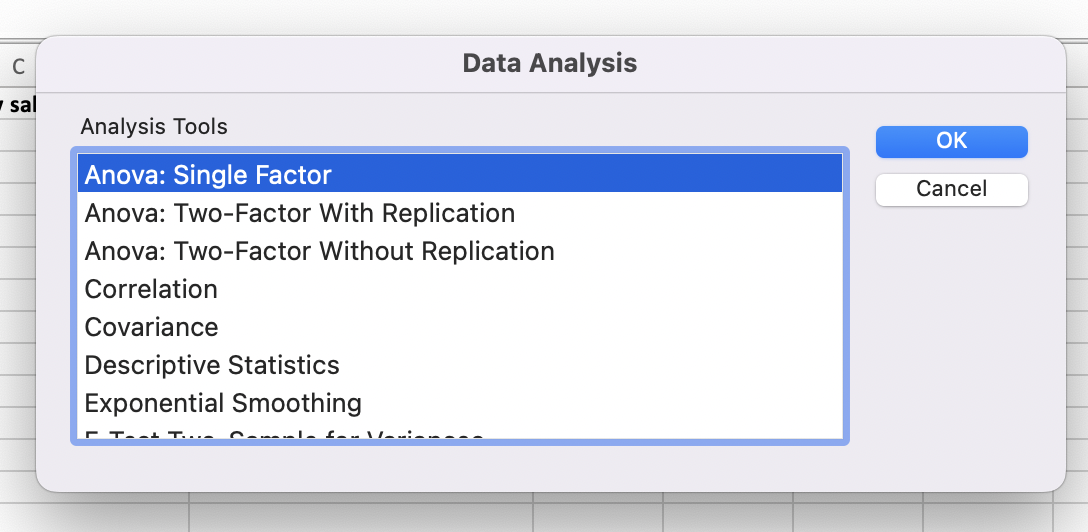 Using the Anova: Single Factor data analysis tool in Excel