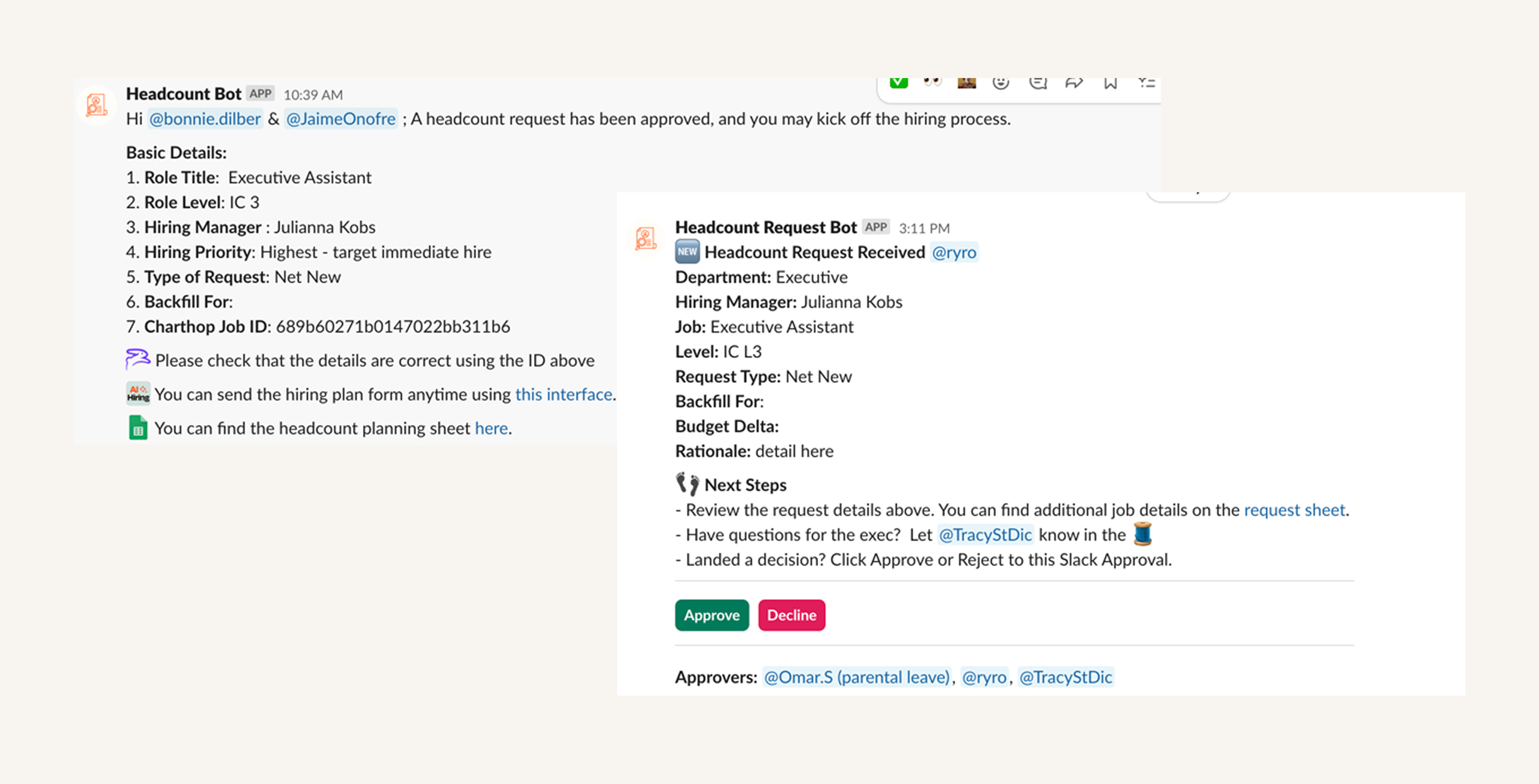 Example of automated headcount request bot messages from Zapier
