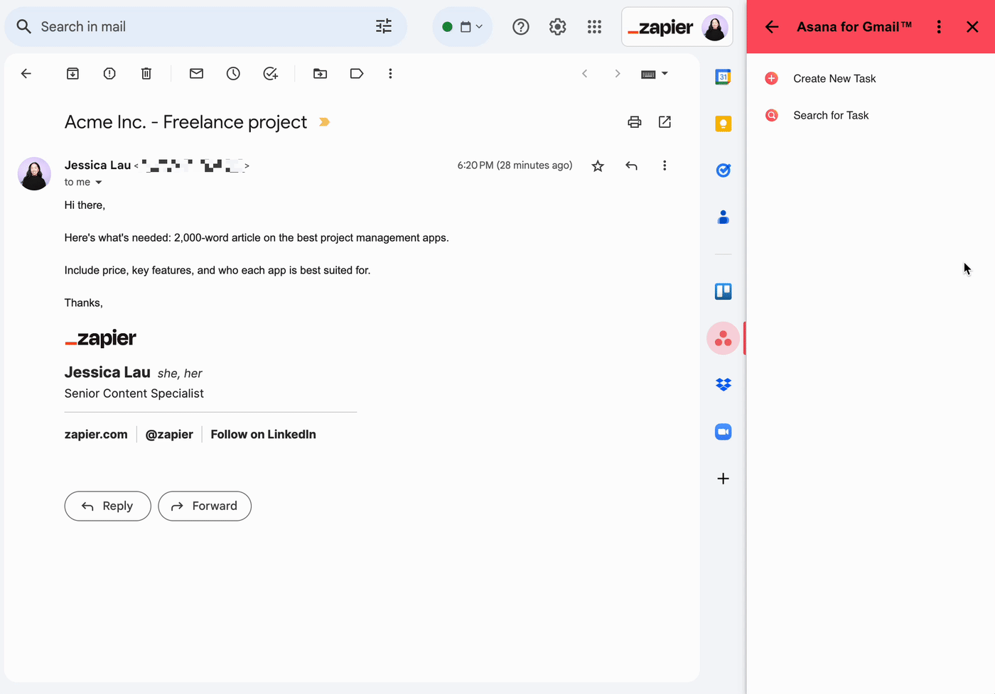 Open email in Gmail. In the adjacent Asana side panel, the cursor clicks "Create New Task," and the contents of the email are populated as a task, which is then added to Asana. 