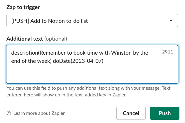 Use the formatting for named variables within a text field that will send to Zapier.