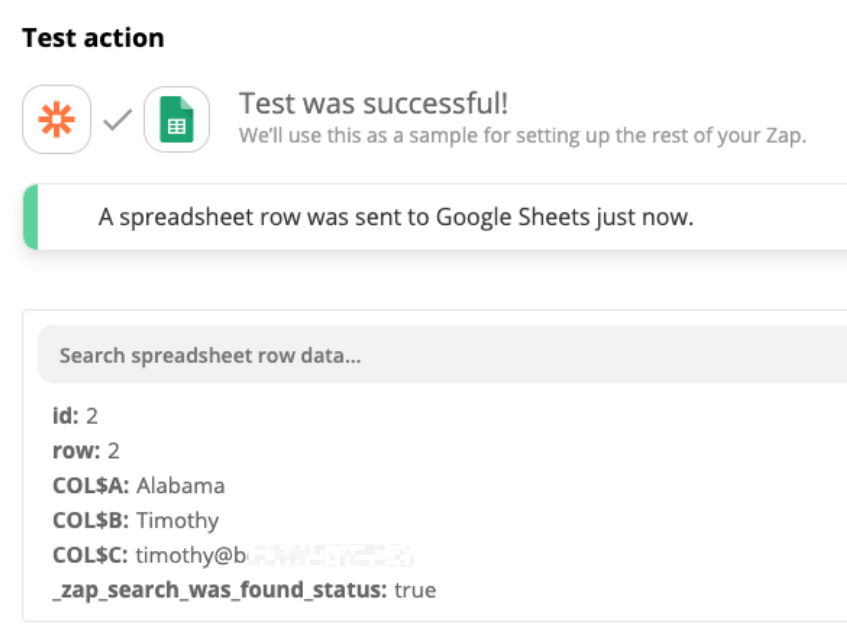 Test action: Test was successful. A spreadsheet row as added to Google Sheets just now.