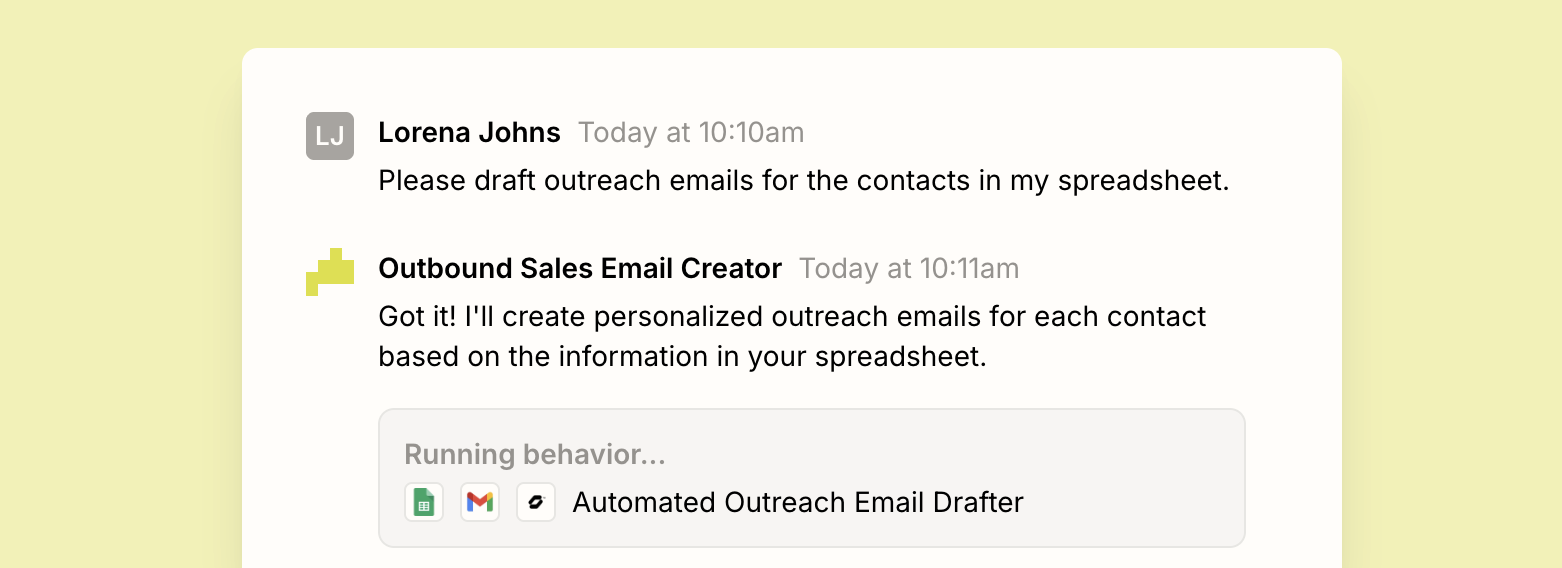 A conversation with an AI agent built in Zapier Agents about drafting personalized outreach emails