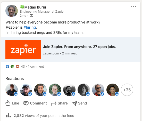 A post on LinkedIn about a Zapier job opening