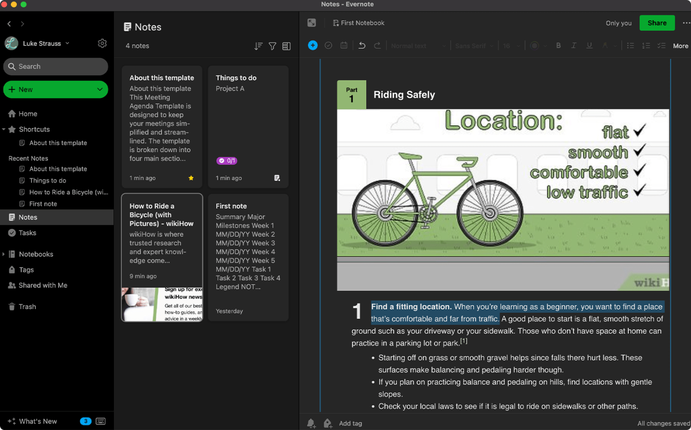 Screenshot showing Evernote's ability to interact with text—highlighting it, copying it, and navigating to all links that were on the page