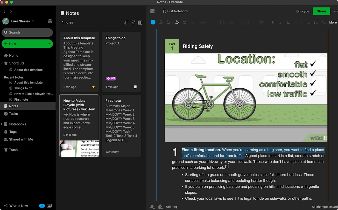 Screenshot showing Evernote's ability to interact with text—highlighting it, copying it, and navigating to all links that were on the page