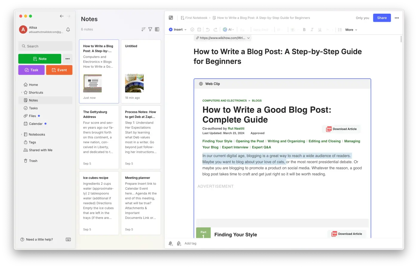 Screenshot showing Evernote's ability to interact with text—highlighting it, copying it, and navigating to all links that were on the page