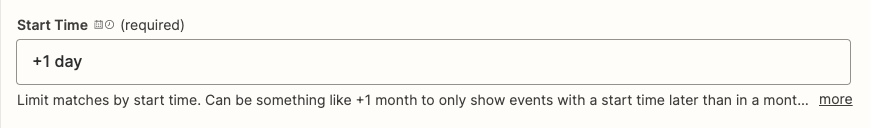 Configuring the start time to search for within a PagerDuty schedule. "+1 day" is typed in.