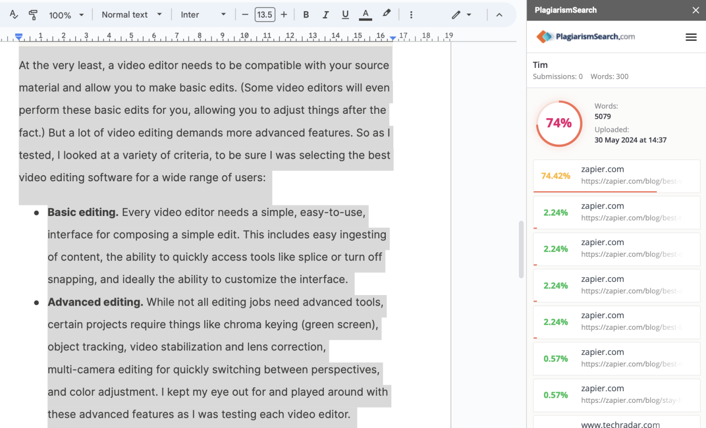 Google Doc with the PlagiarismSearch add-on in the side panel. 