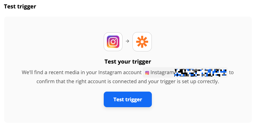 A Zap editor prompt to test the Instagram New Media trigger.