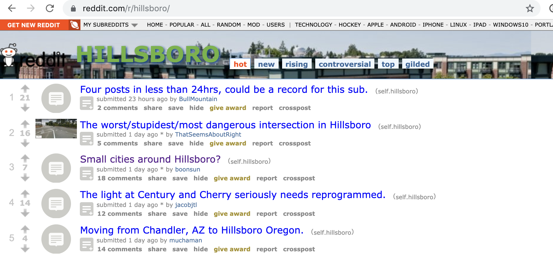 The Hillsboro Oregon subreddit