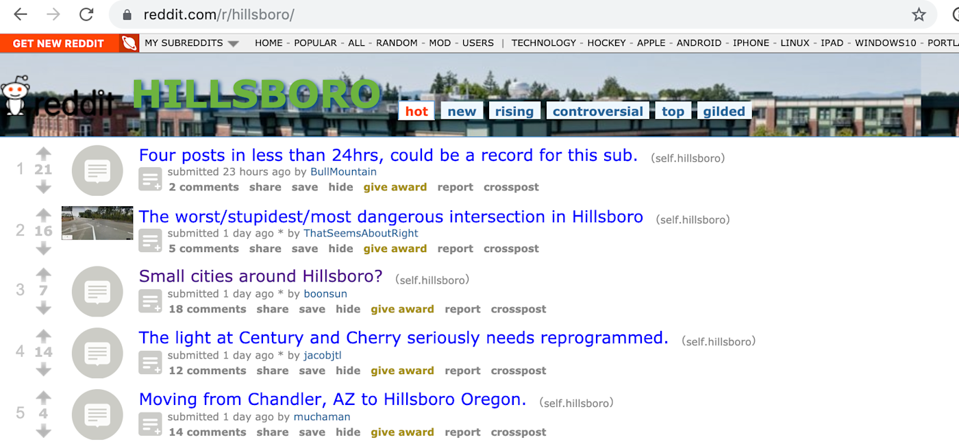 The Hillsboro Oregon subreddit