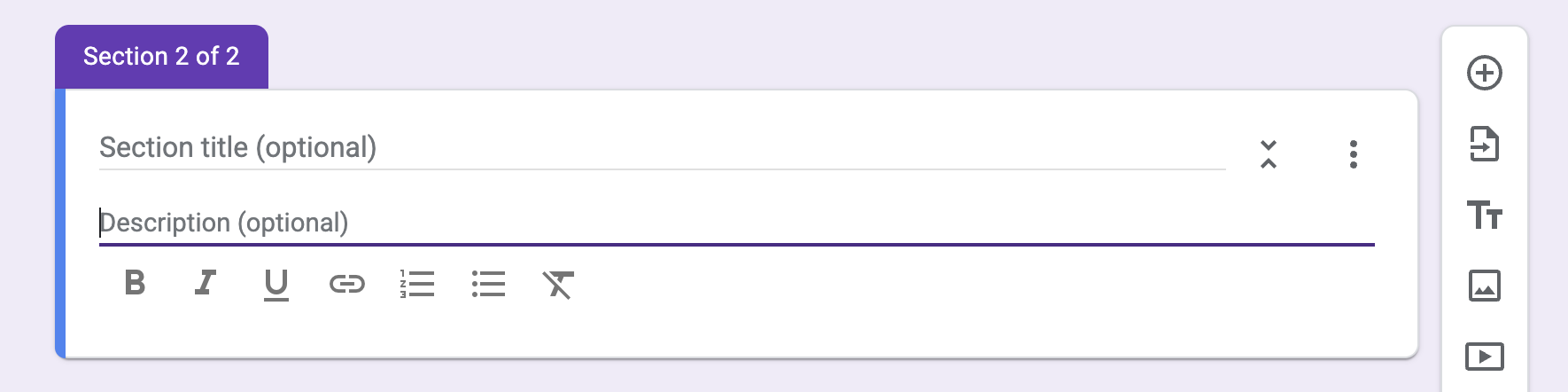 Editing a new section in Google Forms.