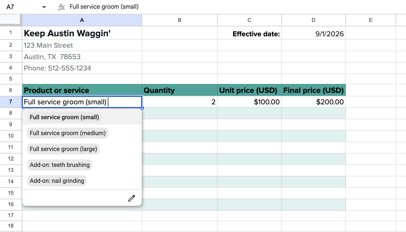 Pricing table tab open in the Google Sheets price list template with an expanded view of the product dropdown.