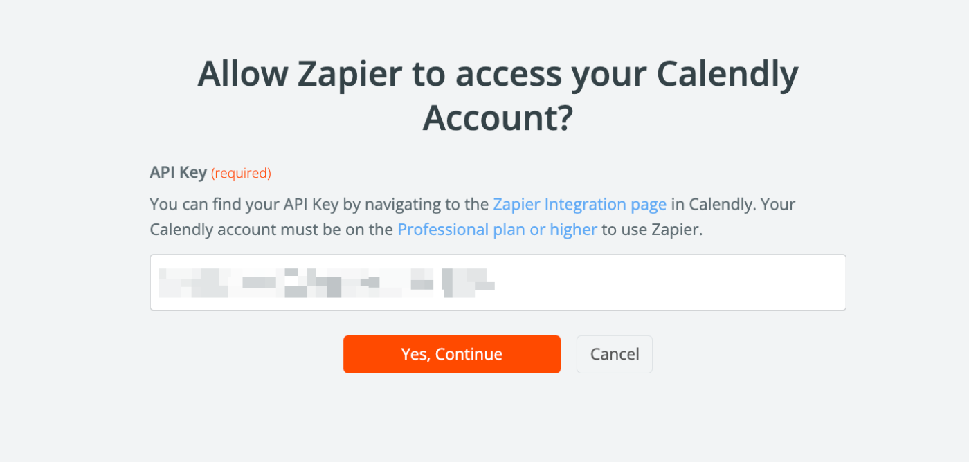 An orange "Yes, Continue" button is shown underneath Allow Zapier to access your Calendly account?