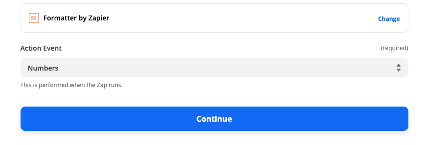 The second step in the Shared Zap as seen in Zapier's editor. The app is Formatter and the action event is Numbers.