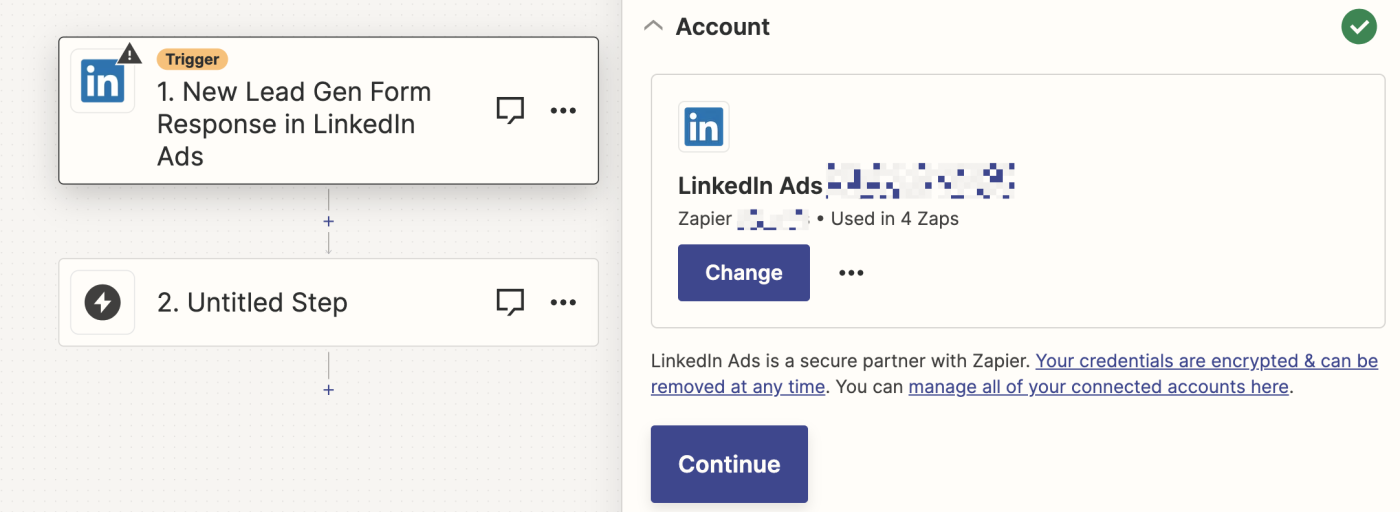 A LinkedIn Ads account is shown connected in the Zap editor.