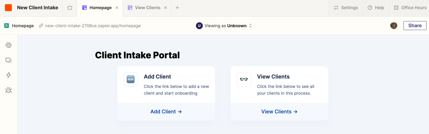 Screenshot of intake portal