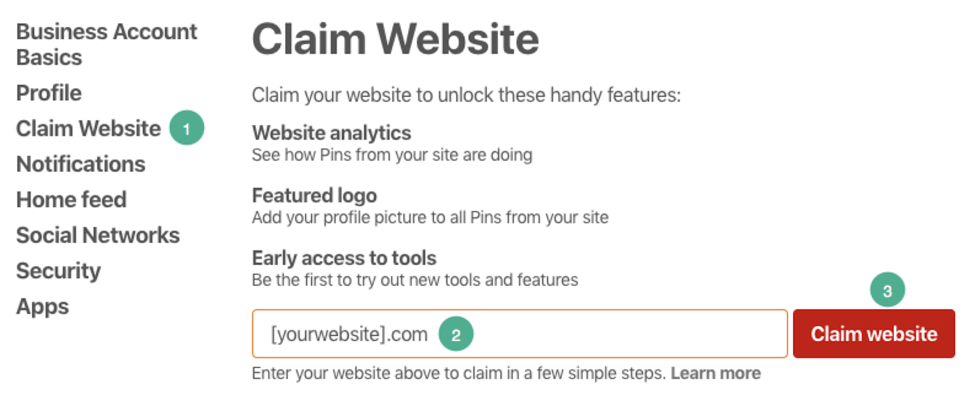 Screenshot of claiming a website on Pinterest
