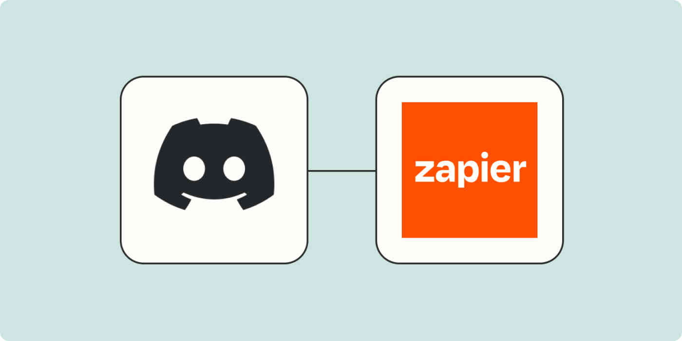 A hero image of the Discord app logo connected to the Zapier logo on a light blue background.