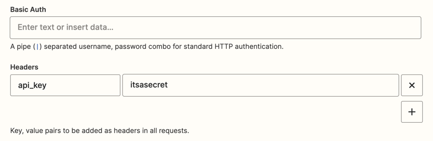 An API key and password entered in the Headers fields.