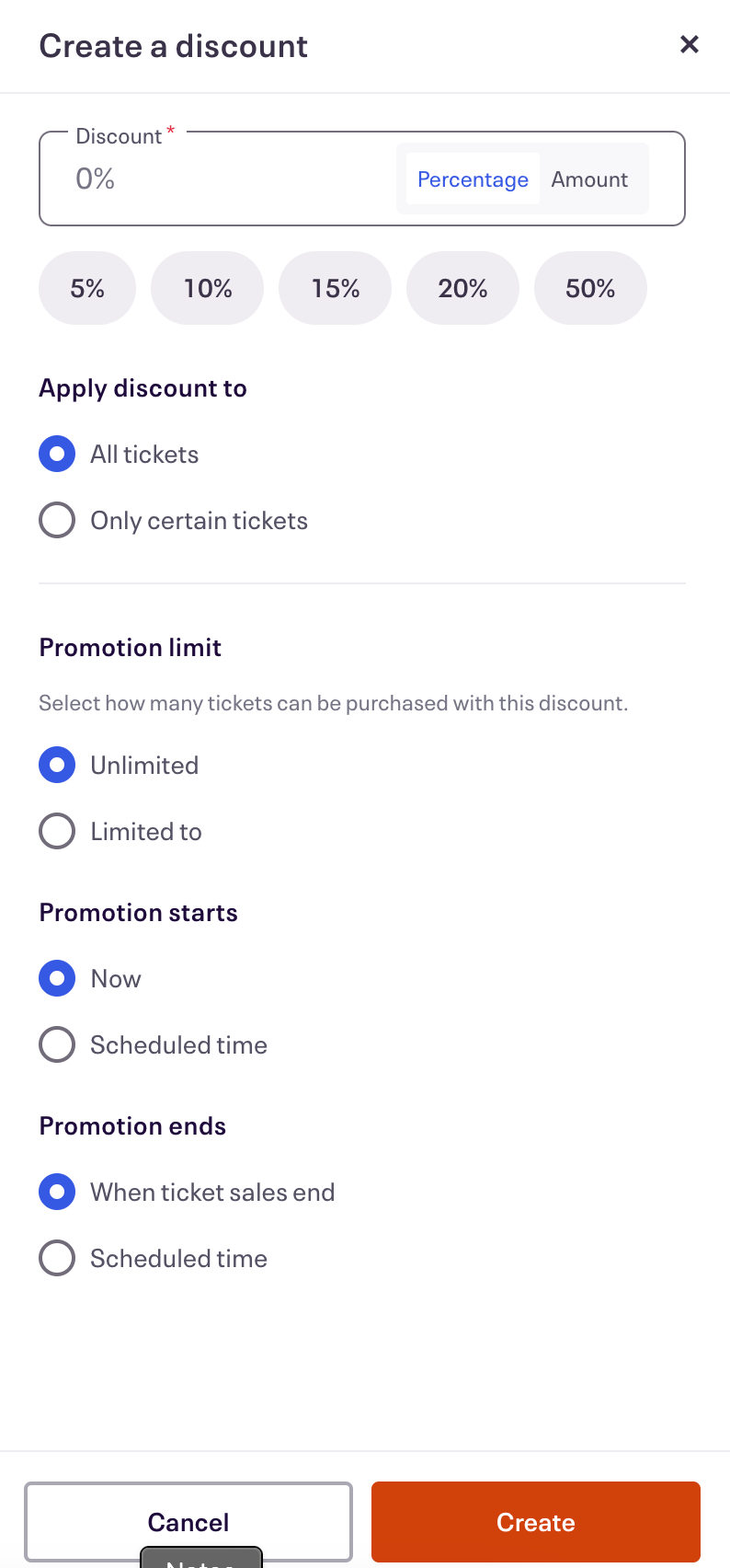 The discount options in Eventbrite