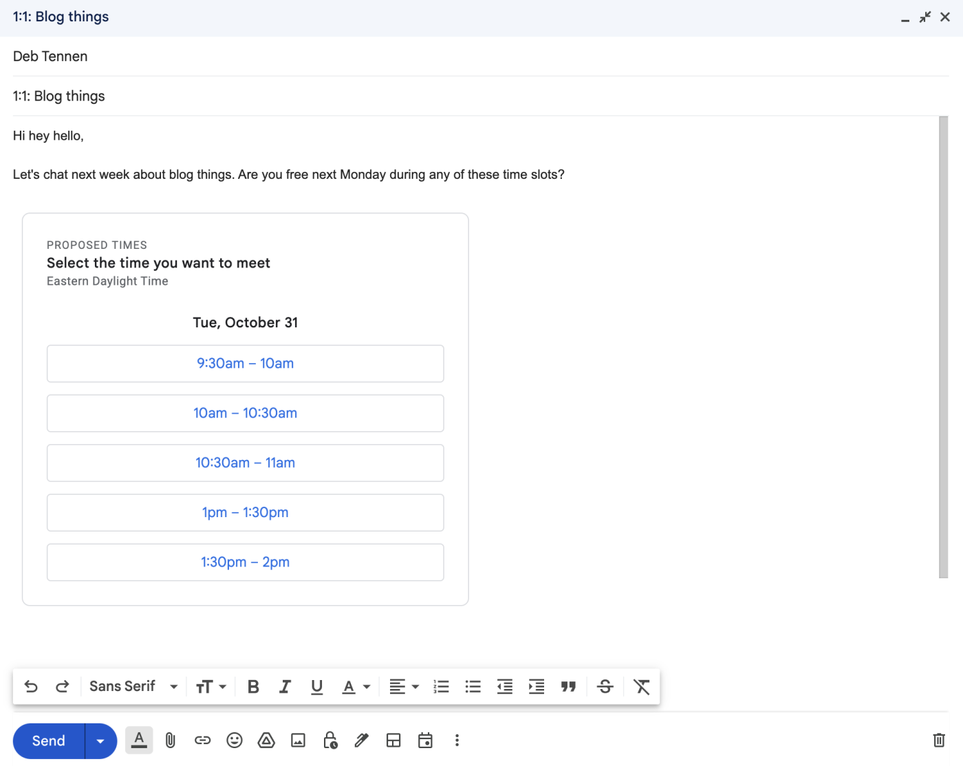 Draft email message in Gmail with proposed meeting times. 
