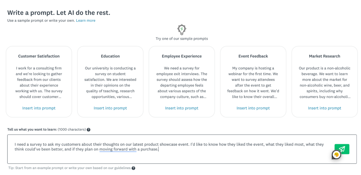 SurveyMonkey's Build with AI feature for creating a survey with AI