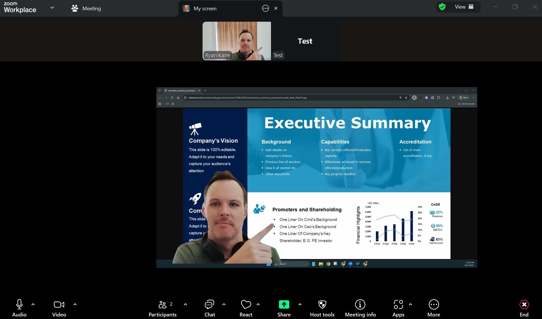 The presenter view, with the speaker superimposed over the presentation, in Zoom