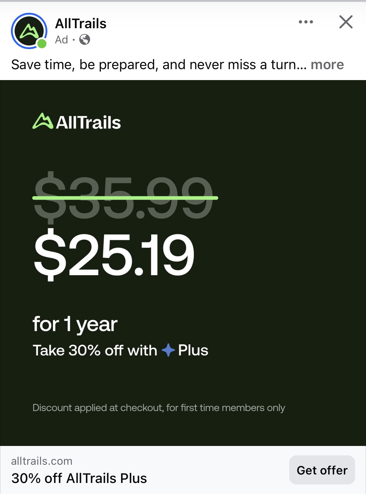 Social media ad example from trail guide app AllTrails posted as a Facebook ad. The app's original annual subscription rate is crossed out with the discounted rate displayed in large font.