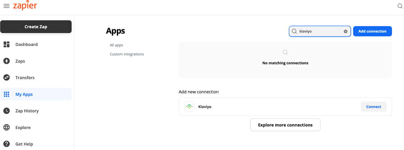 A screenshot of the Zapier dashboard, showing Klaviyo as a new app you can connect.