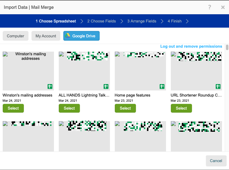 A screenshot of the Avery interface showing how to select a Google Sheet from a collection of them. In this example we are selecting "Winston's mailing addresses."