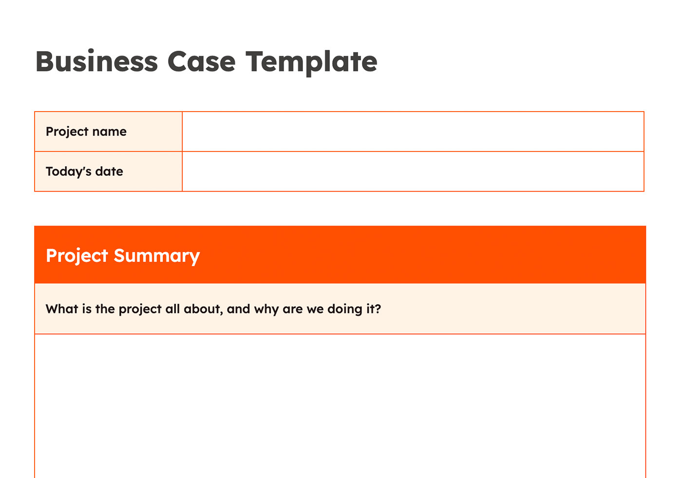 Screenshot of a business case project template