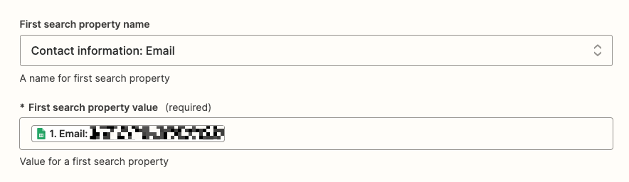 Select a HubSpot contact property to search and the value from Google Sheets Zapier will look for.