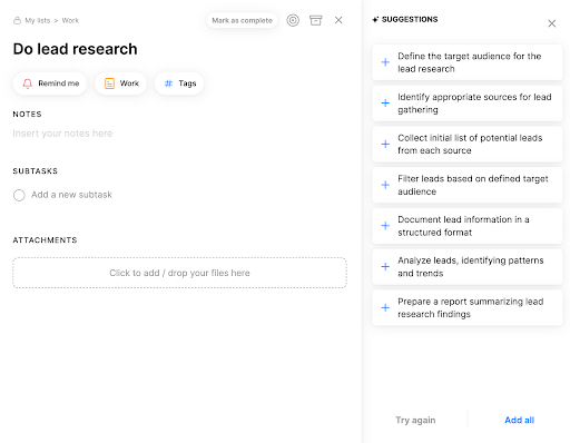 A list of 7 AI-generated subtasks, including Define the target audience for the lead research, Identify appropriate sources for lead gathering, and Collect initial list of potential leads from each source