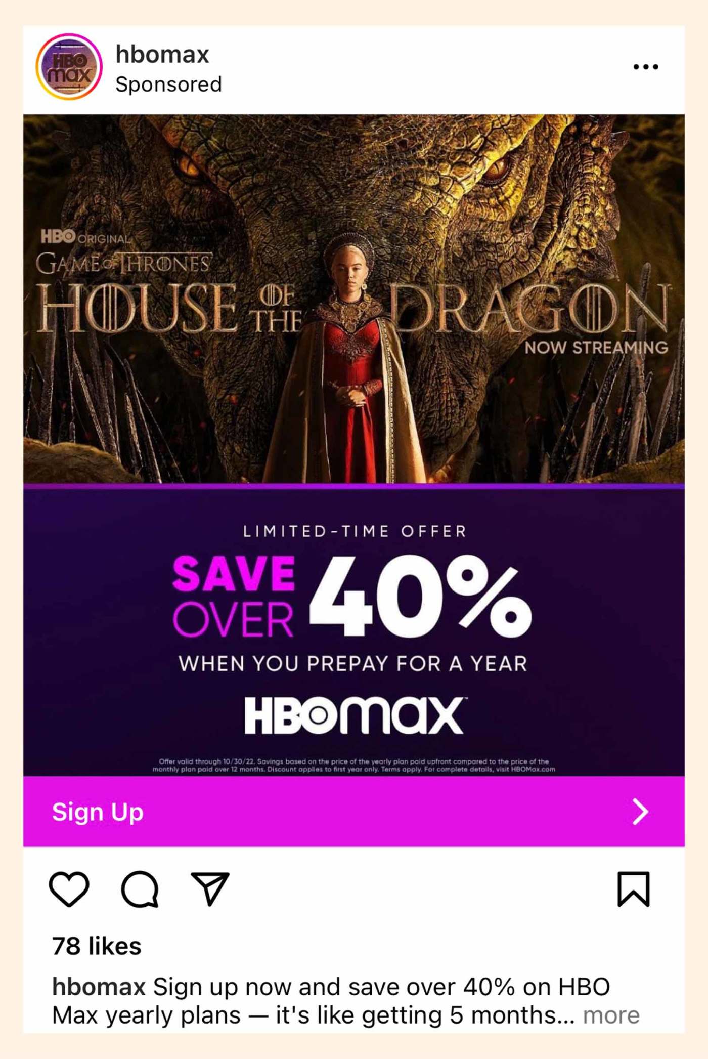 HBO Max House of Dragon sponsored ad on Instagram